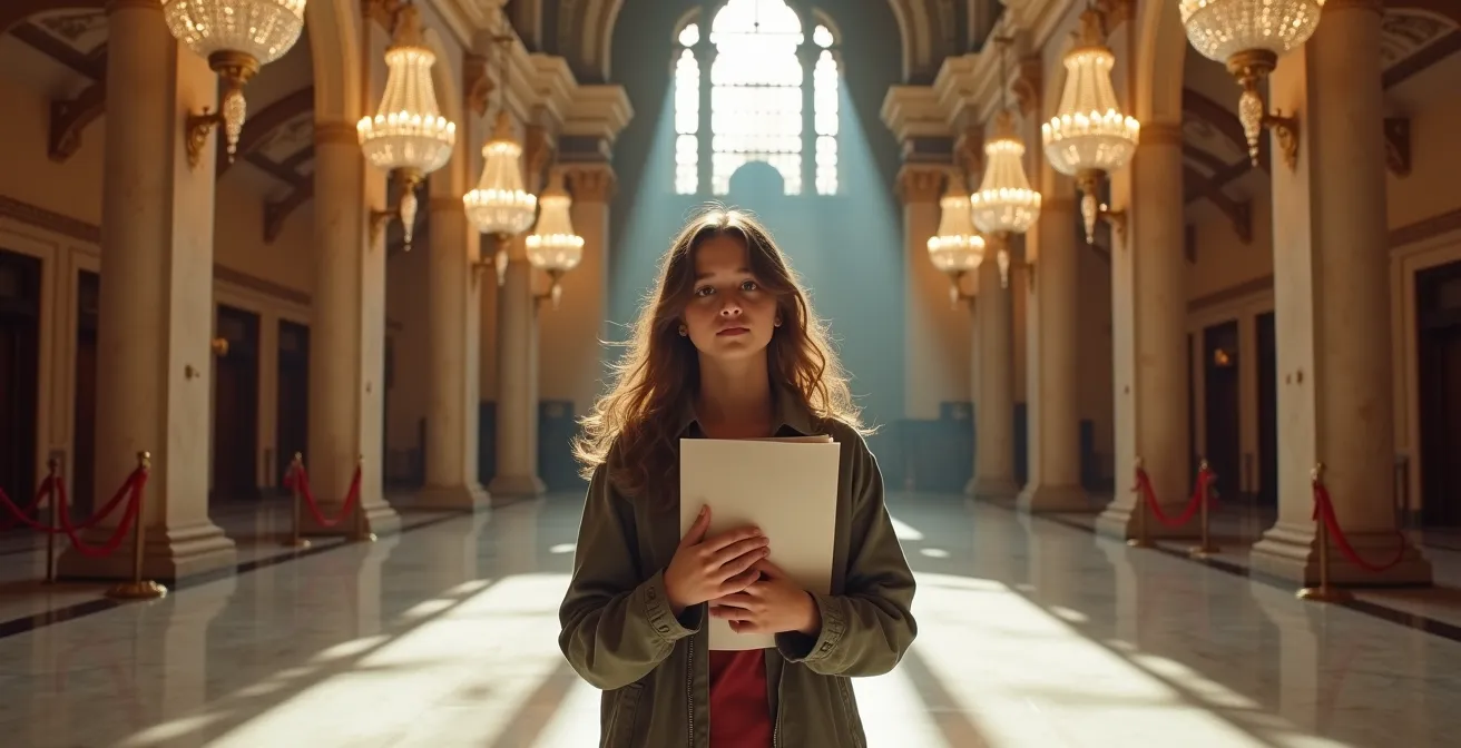 Adolescent tenant un programme de théâtre fermé avec anticipation dans le foyer d'un théâtre suisse