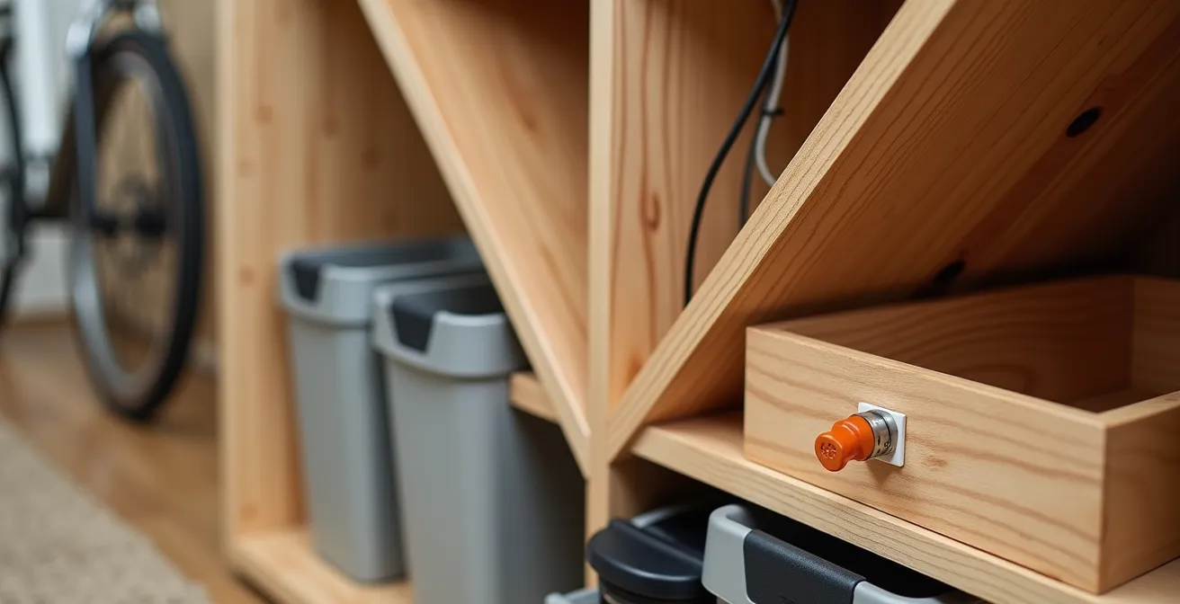 Espace sous escalier aménagé avec système de rangement pour vélos électriques et casiers de tri