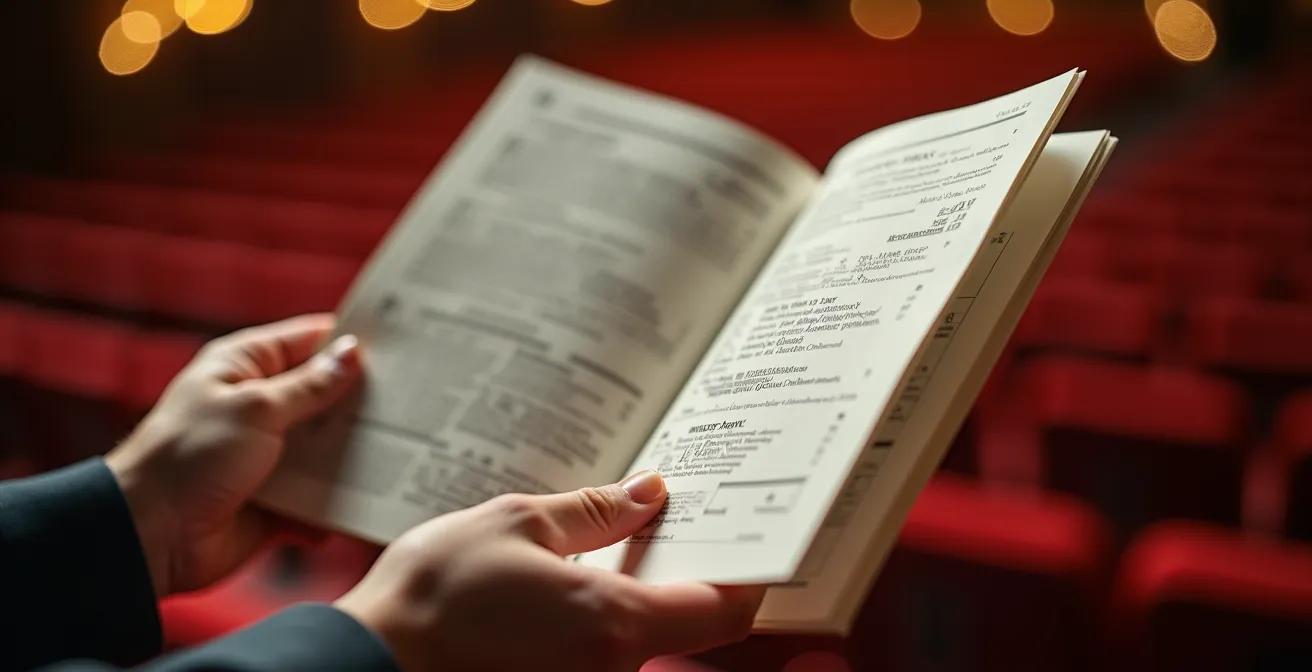 Mains tenant une feuille de salle ouverte dans un théâtre suisse, lumière tamisée du foyer