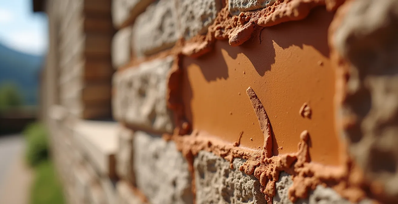 Application d'enduit en terre crue sur un mur traditionnel suisse avec texture macro