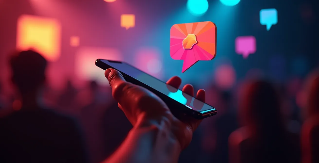 Main tenant un smartphone avec des notifications de concerts flottant autour dans l'espace