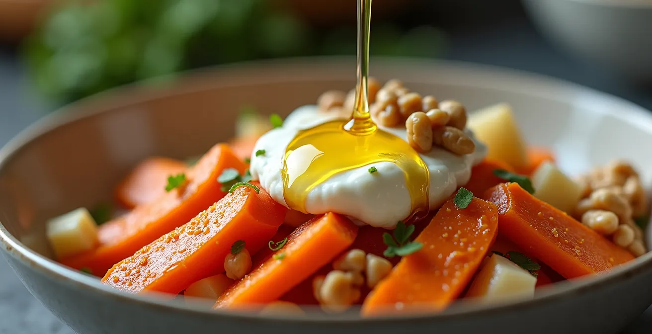 Bowl coloré avec légumes racines rôtis, séré et noix suisses dans un bol artisanal