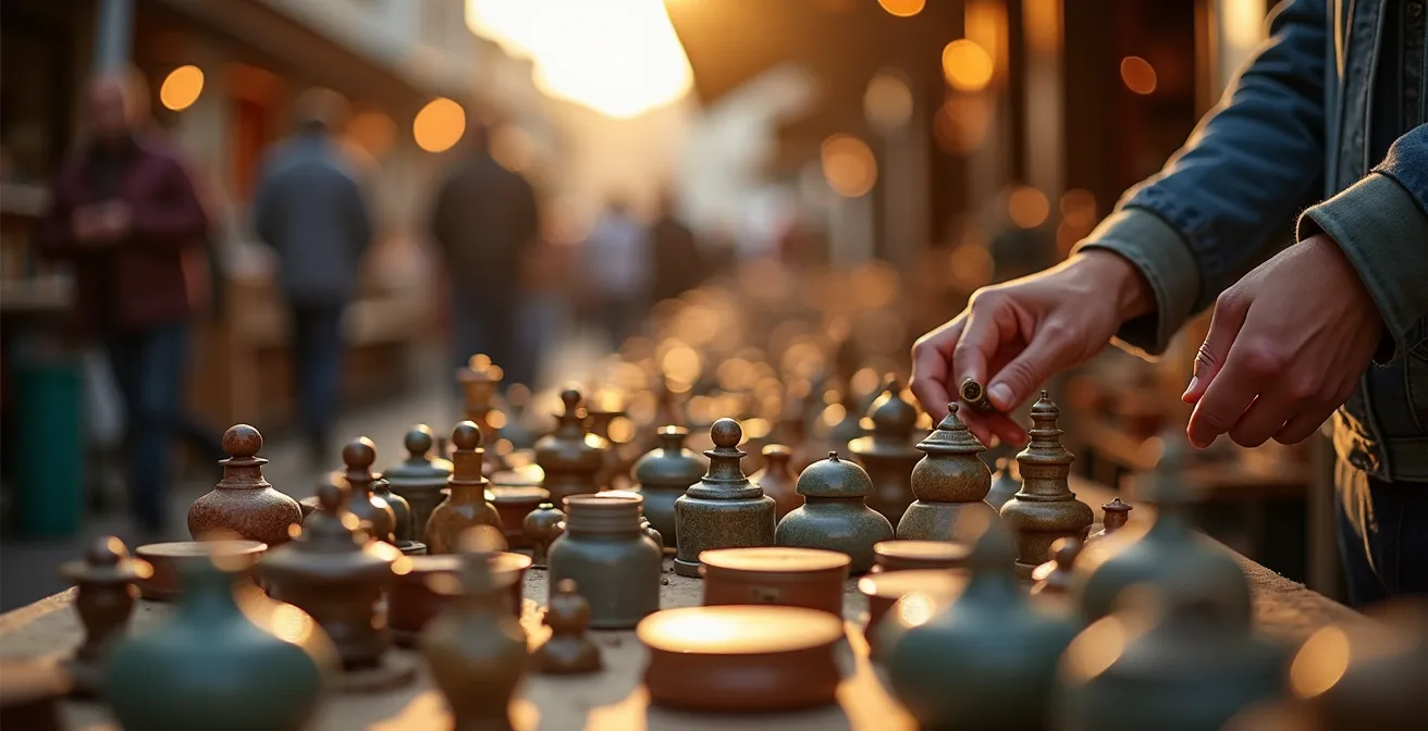 Vue d'ensemble d'une brocante suisse avec objets vintage et chineurs matinaux