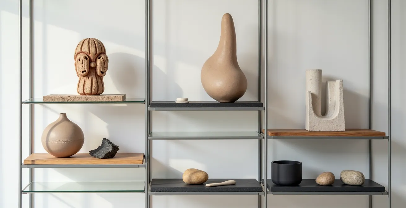 Composition artistique sur étagère USM Haller avec céramiques et objets design suisses