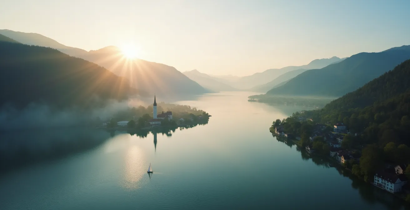 Vue panoramique du canton de Schwytz avec ses lacs et montagnes, symbolisant la liberté financière