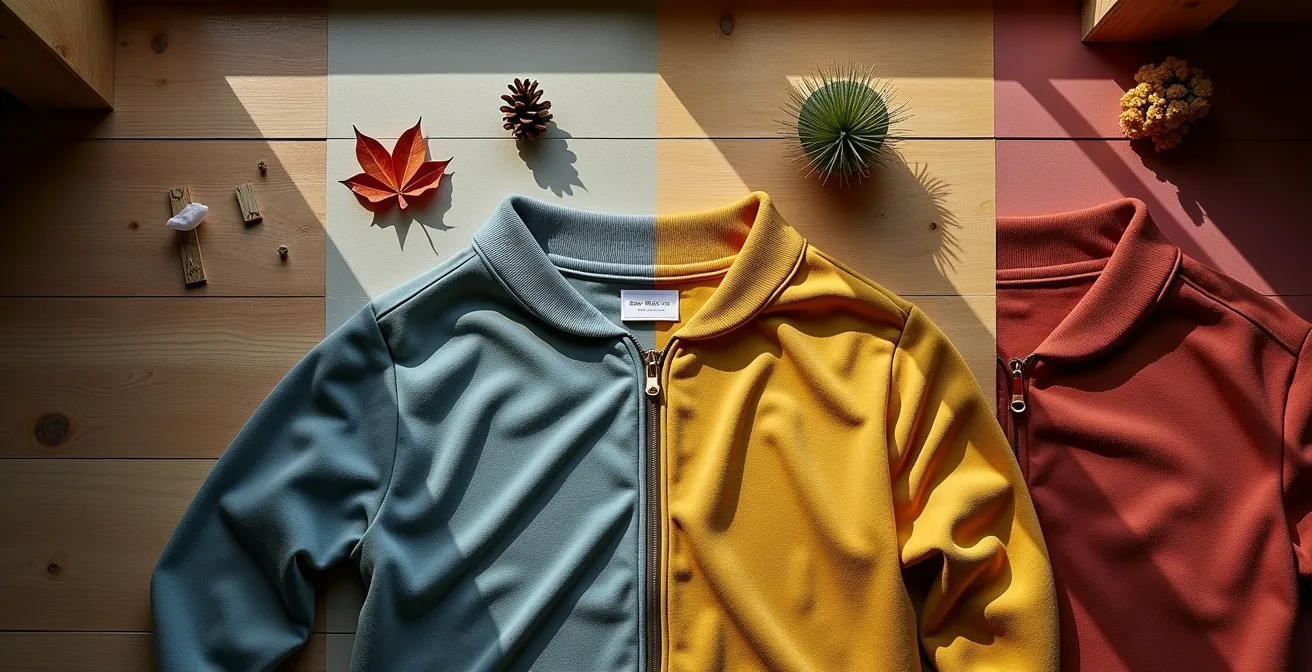 Vêtements techniques et classiques disposés par saison sur fond alpin