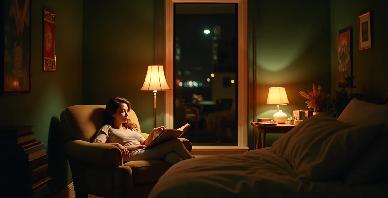 Chambre aux murs profonds avec éclairage stratifié créant une ambiance chaleureuse