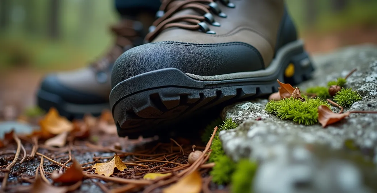 Gros plan sur des chaussures de randonnée sur terrain calcaire typique du Jura