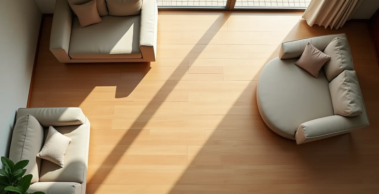 Vue aérienne d'un salon épuré montrant les chemins de circulation sans obstacles