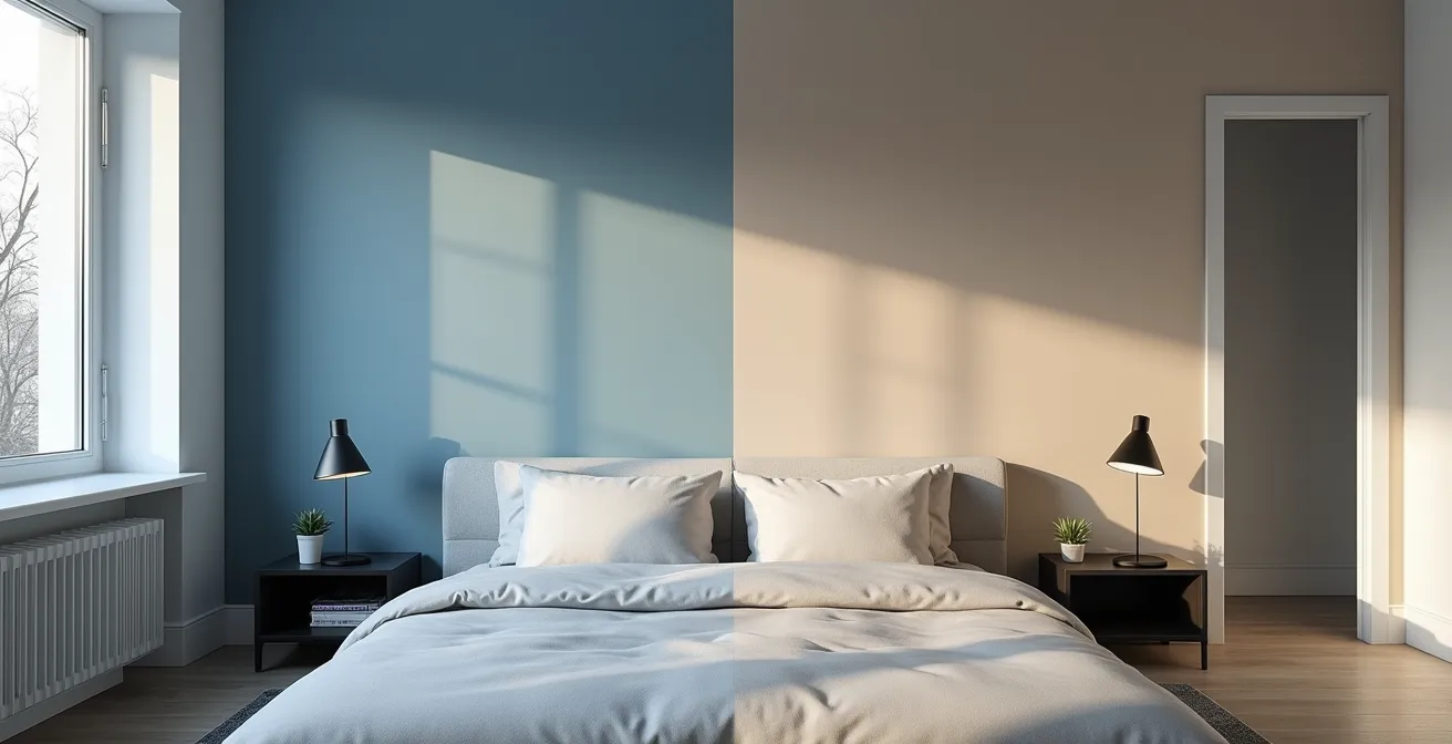 Mur peint en bleu-gris montrant la variation de couleur entre lumière naturelle du jour et éclairage artificiel du soir