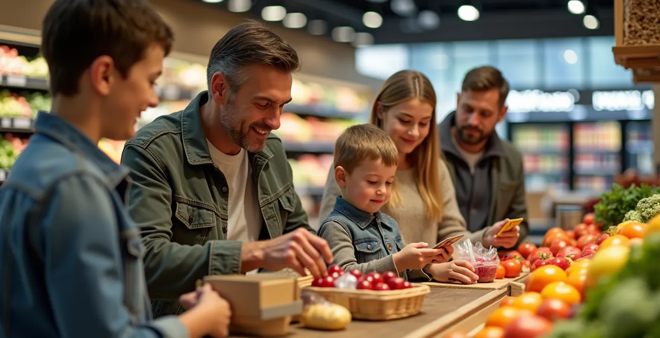 Famille suisse comparant leurs cartes de fidélité devant un étalage de supermarché