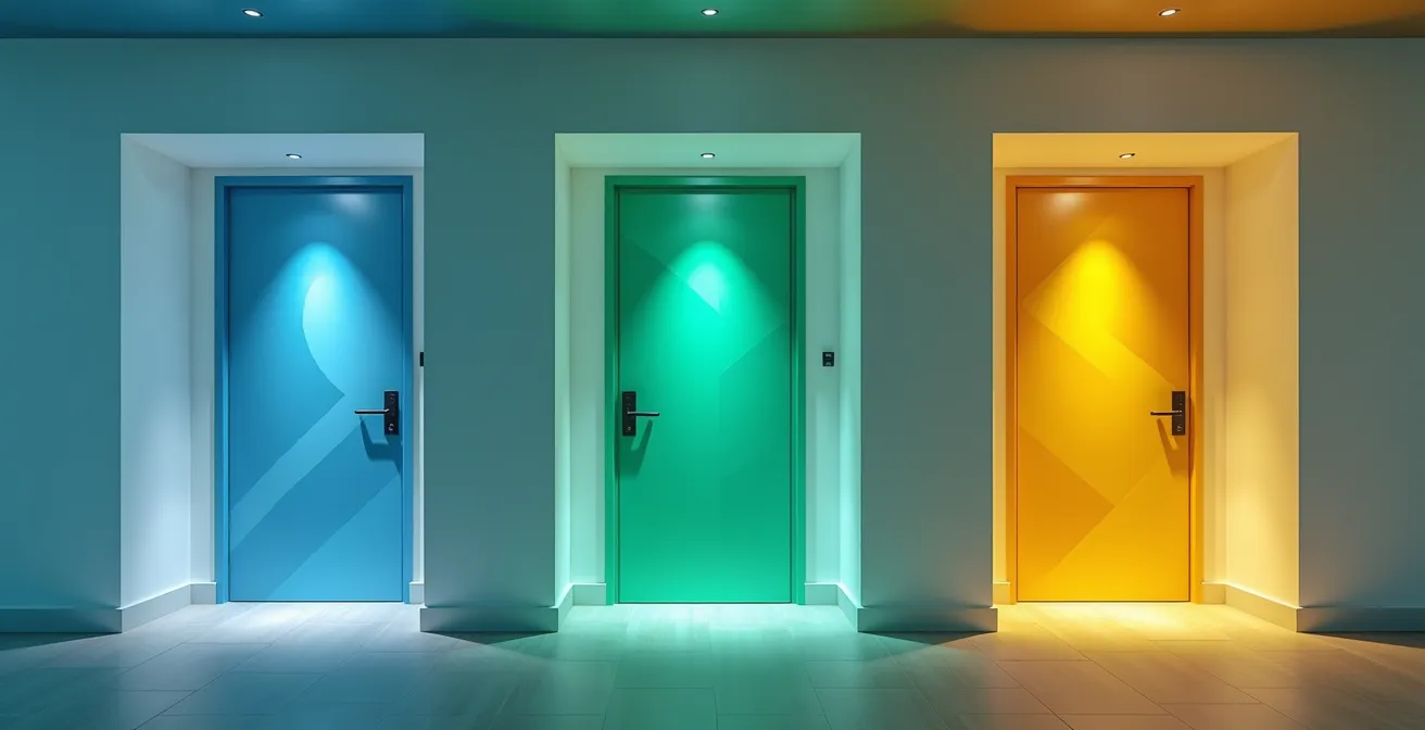 Trois portes différentes symbolisant les choix de professionnels de santé mentale