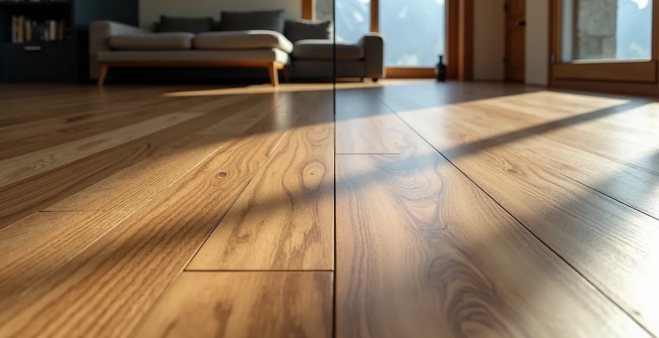 Vue en perspective d'un salon divisé visuellement montrant d'un côté un parquet stratifié et de l'autre un parquet en chêne massif