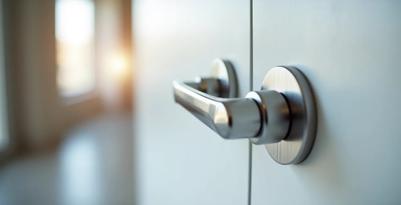 Gros plan sur une poignée de porte moderne et brillante dans un intérieur suisse soigné
