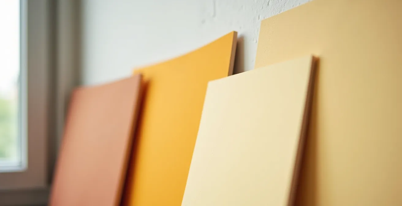 Planches d'échantillons de peinture A3 disposées contre un mur, observées sous différentes conditions lumineuses dans une chambre orientée nord