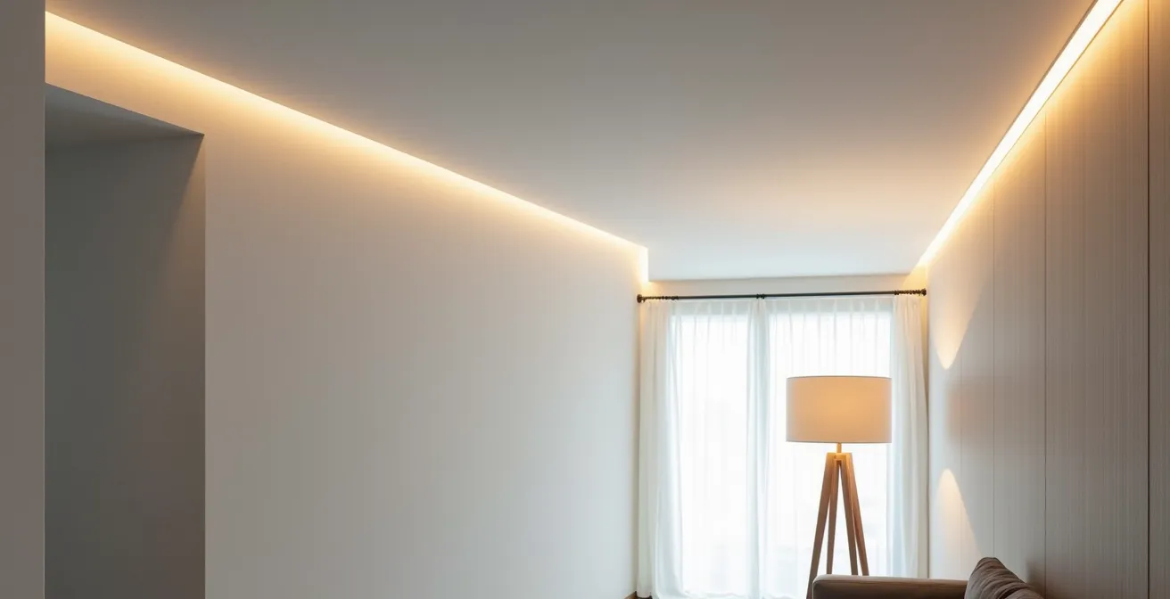Système d'éclairage indirect par corniches lumineuses pour plafond bas de 2m40
