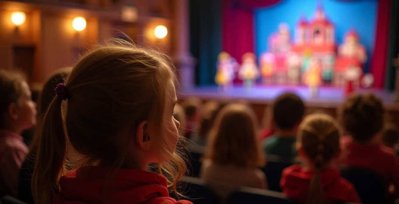 Groupe d'enfants captivés par un spectacle de marionnettes dans un petit théâtre suisse
