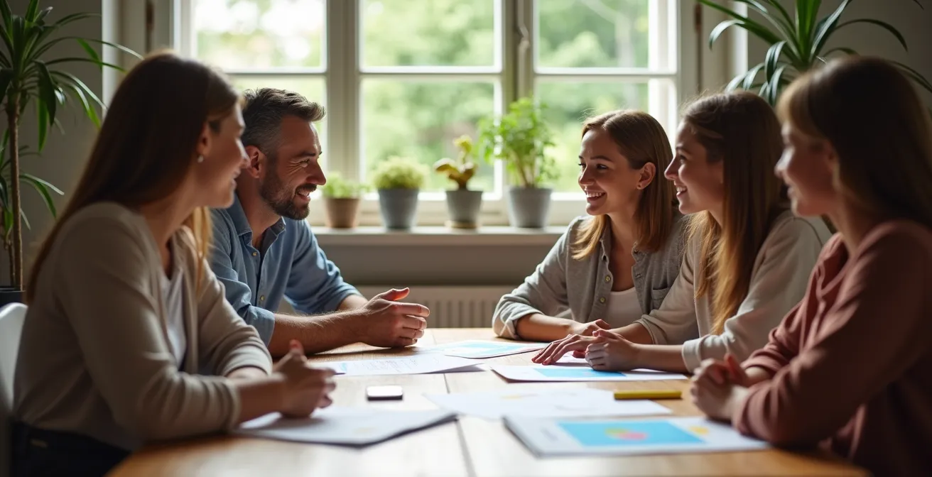 Adolescents et parents autour d'une table discutant ensemble d'une charte familiale