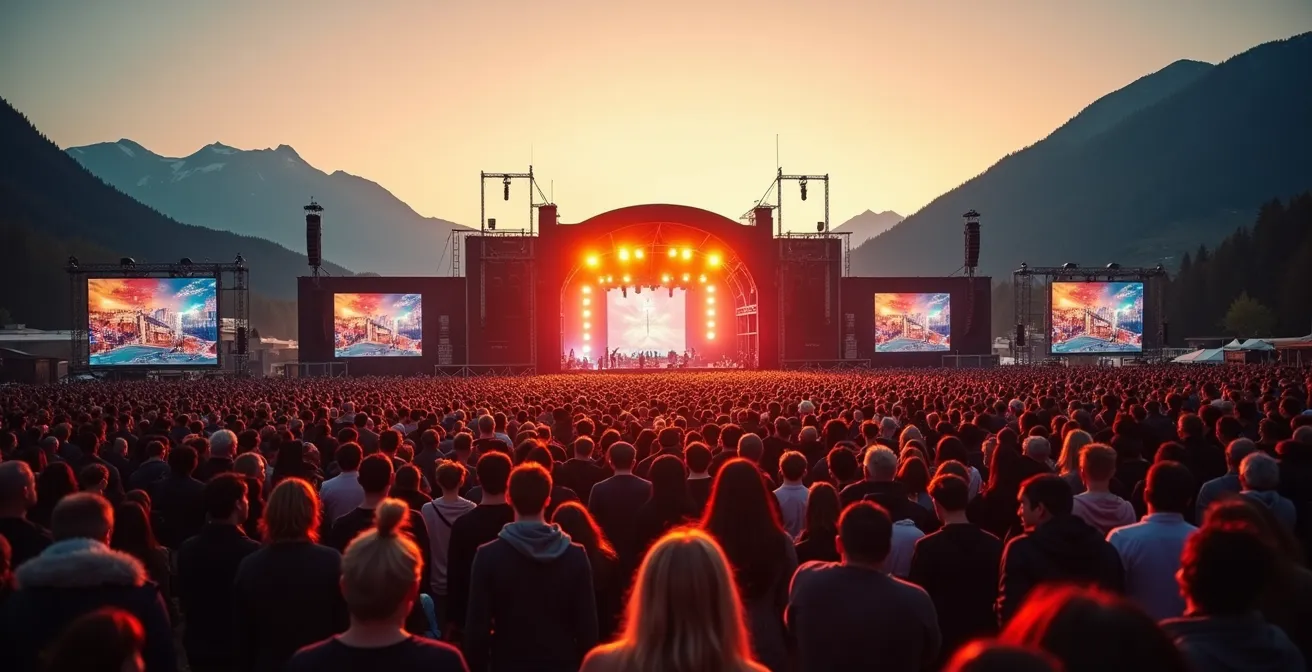 Foule lors d'un festival en plein air en Suisse avec écrans géants en arrière-plan et ambiance festive collective