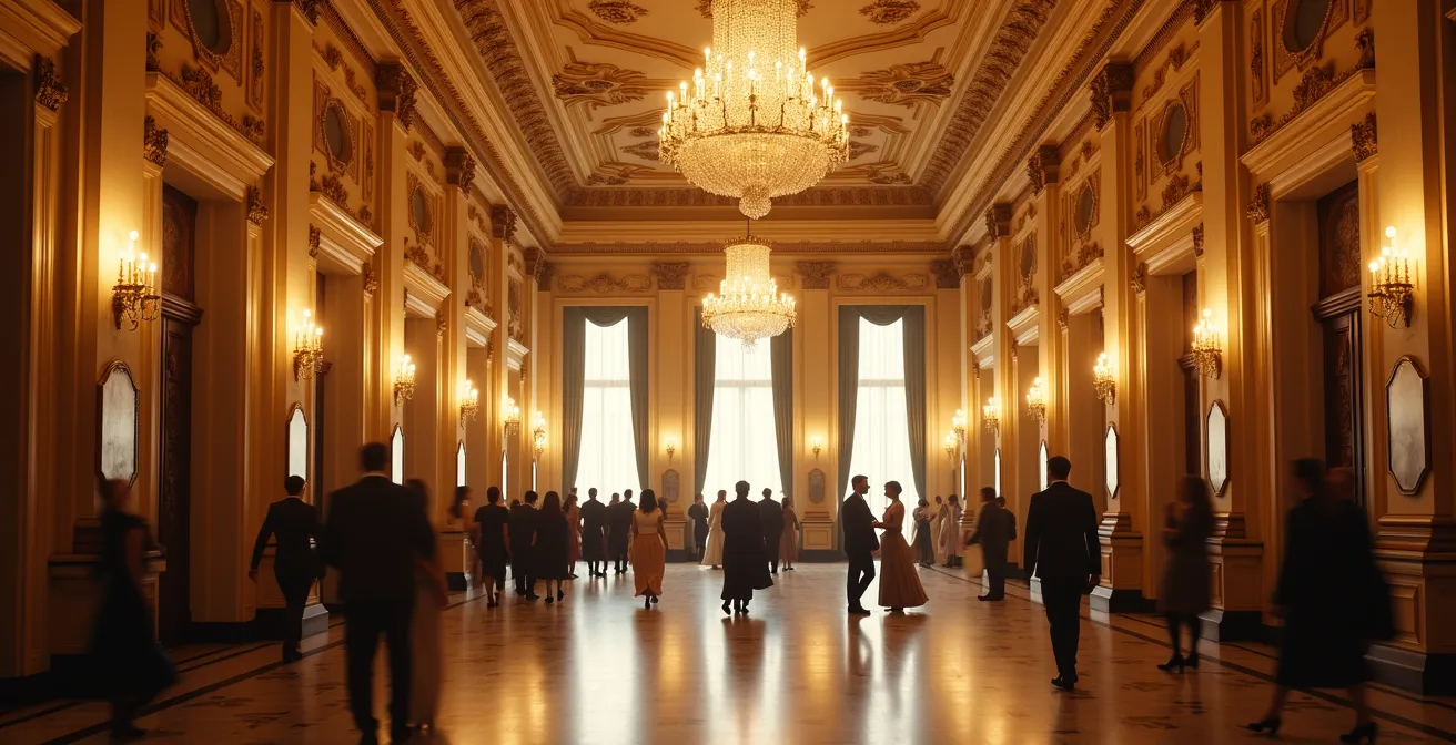 Vue atmosphérique du grand foyer du théâtre pendant l'entracte avec architecture classique et ambiance dorée