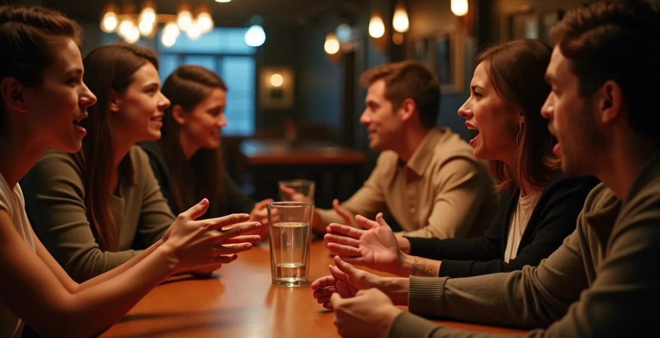 Groupe d'amis en discussion animée après une performance artistique