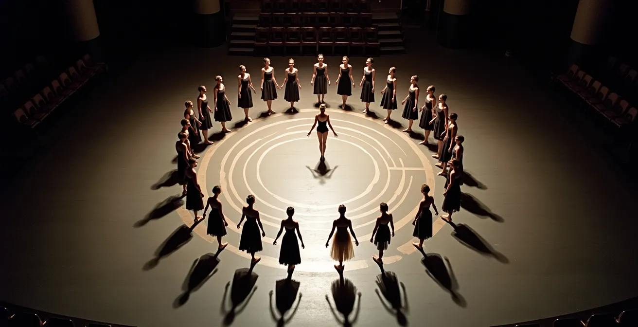 Vue plongeante sur une scène de théâtre montrant le positionnement spatial des danseurs selon leur rang