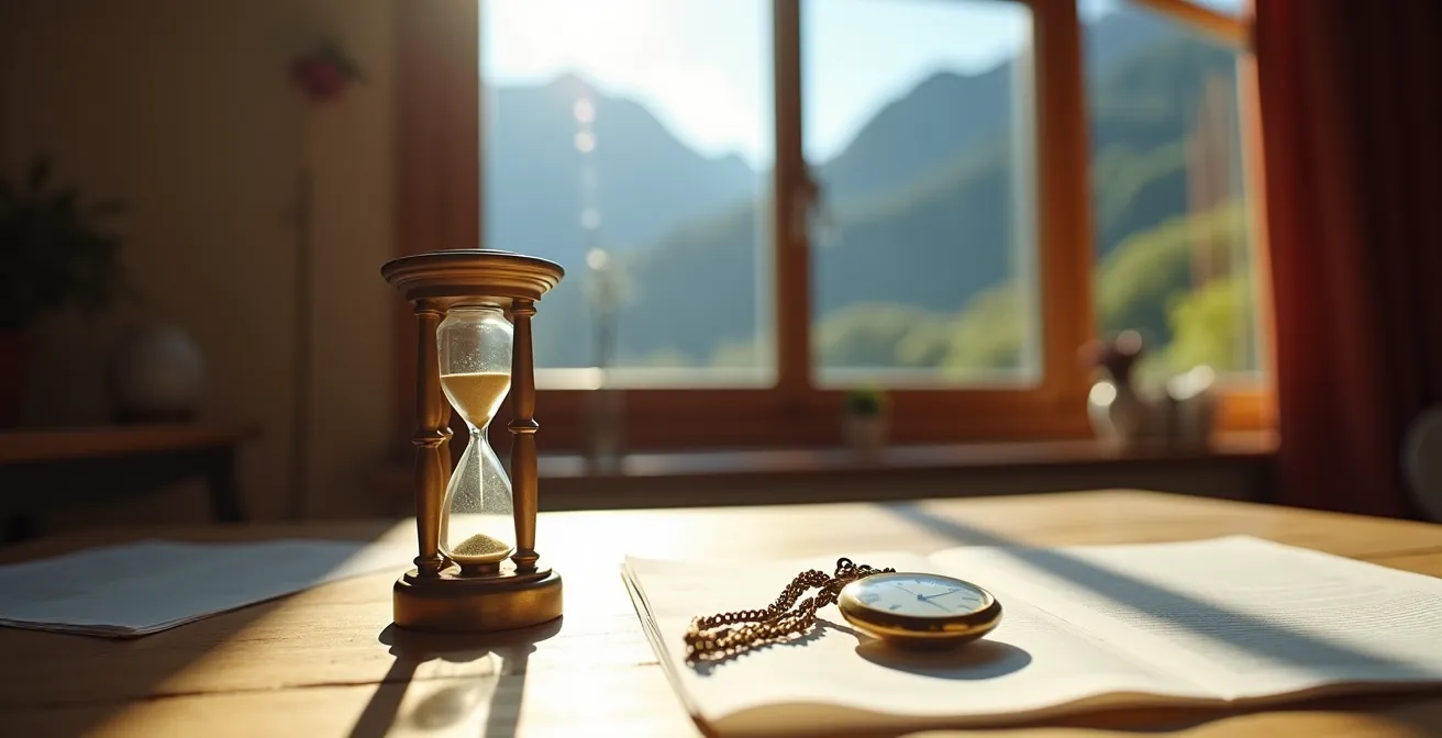 Sablier et horloge vintage sur bureau avec vue alpine