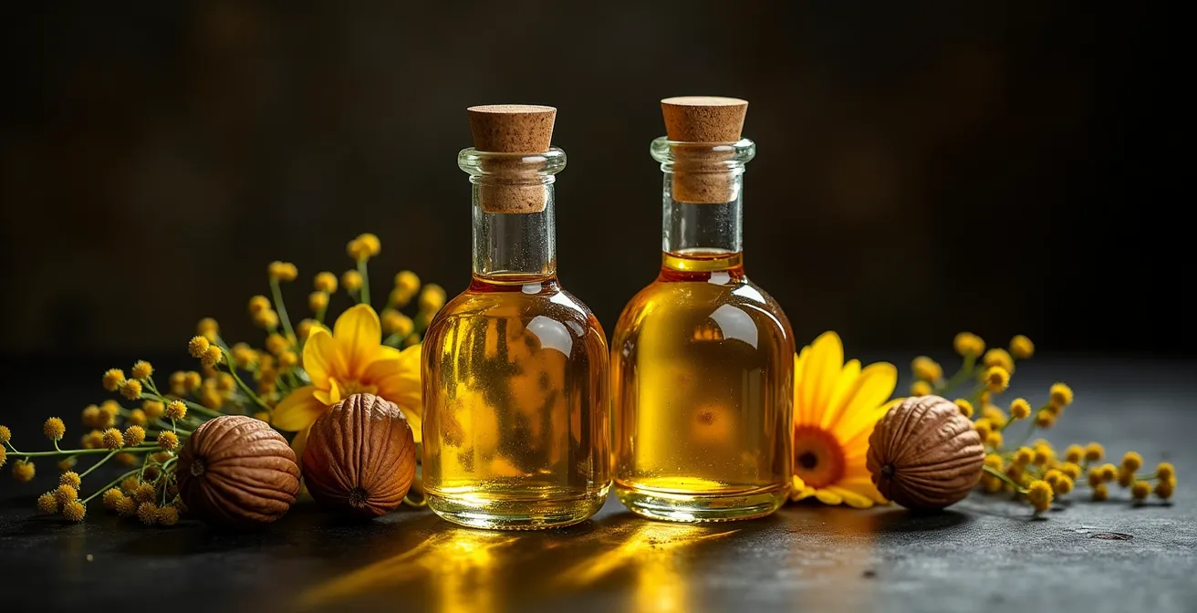 Bouteilles artisanales d'huiles suisses de noix et colza avec noix décortiquées sur table en bois