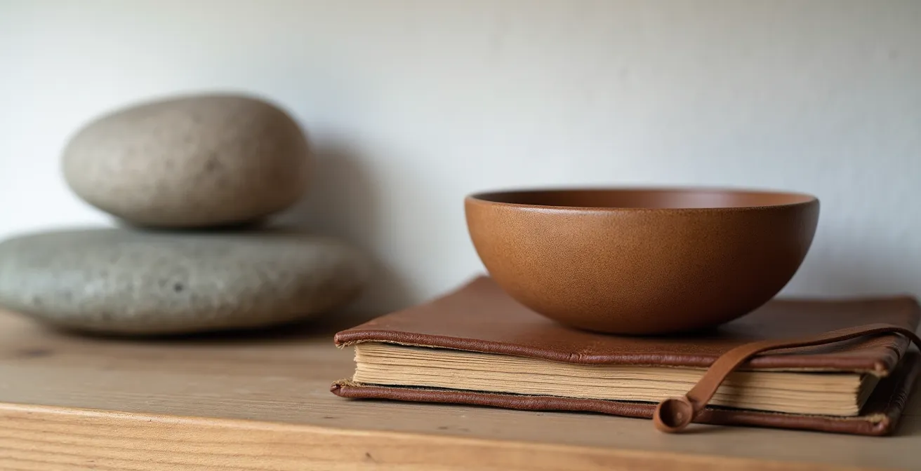 Détail d'étagère minimaliste avec objets personnels significatifs