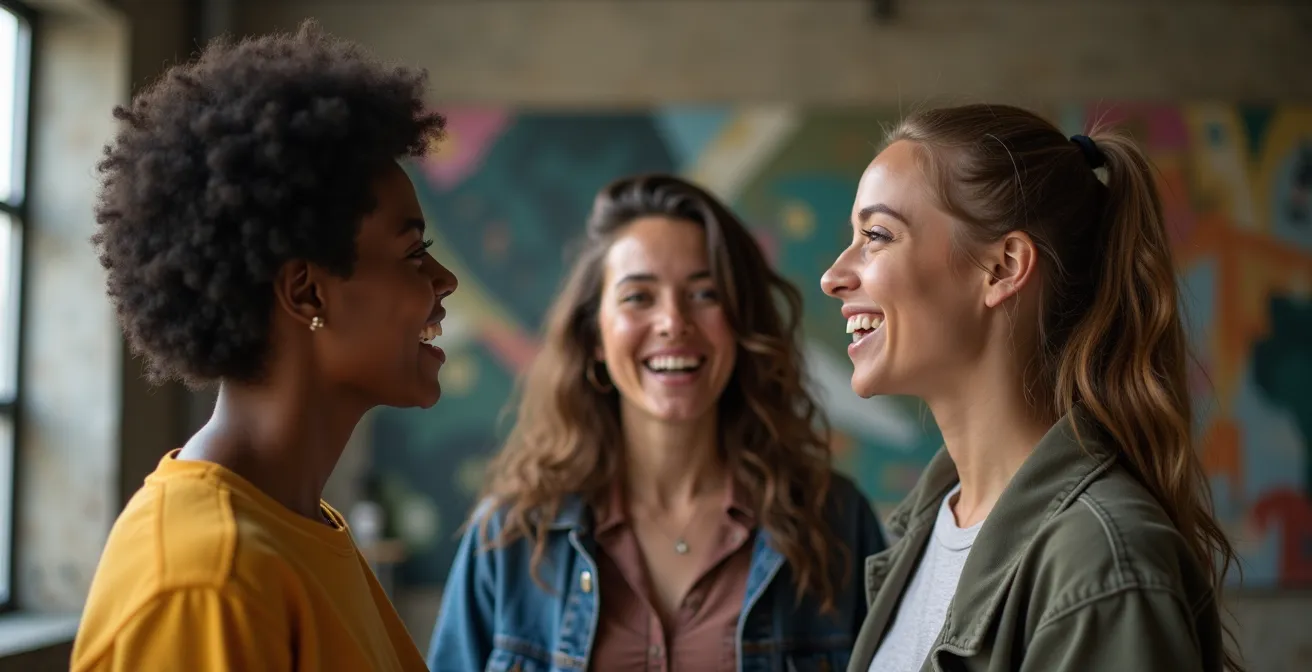 Jeunes visiteurs observant une installation artistique contemporaine dans un espace culturel alternatif