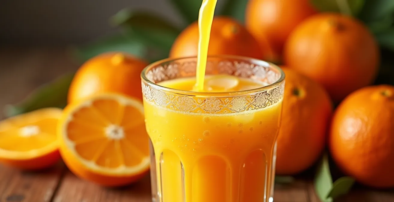 Jus d'orange fraîchement pressé dans un verre traditionnel marocain sans glaçons