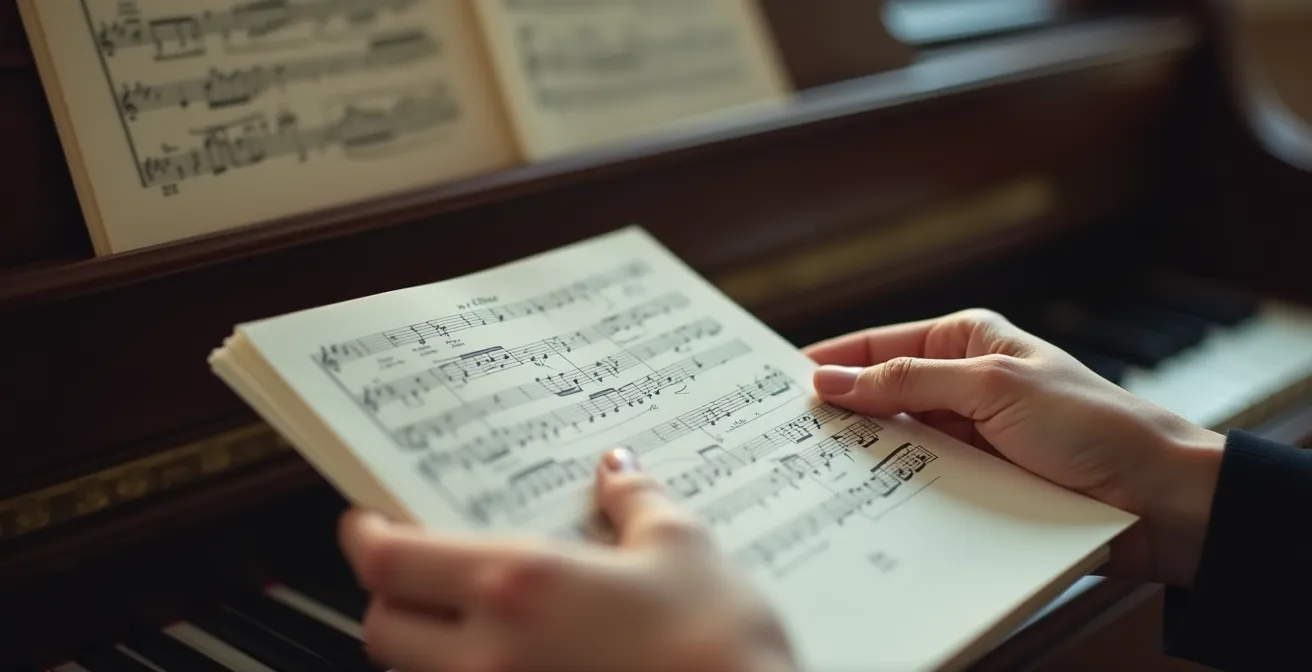 Personne consultant des notes manuscrites sur l'opéra avec partition musicale floue en arrière-plan