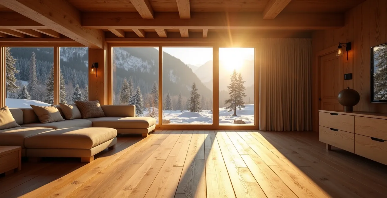 Intérieur de chalet suisse baigné de lumière dorée révélant les volumes et textures du bois