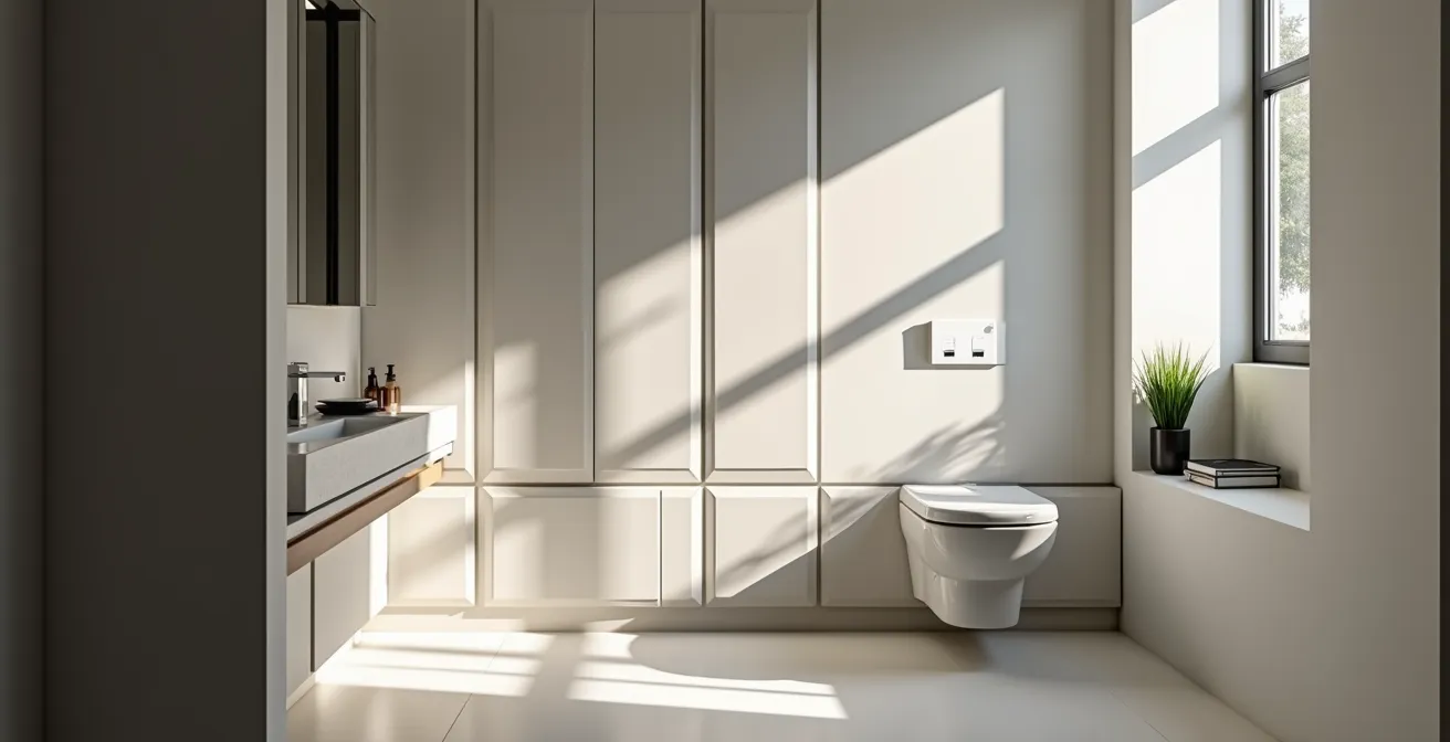 Aménagement sur mesure d'une petite salle de bain avec rangements intégrés intelligents