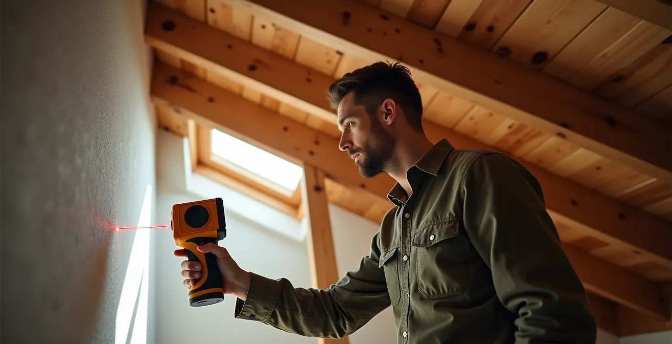 Personne mesurant une pièce mansardée avec poutres en bois apparentes à l'aide d'un télémètre laser
