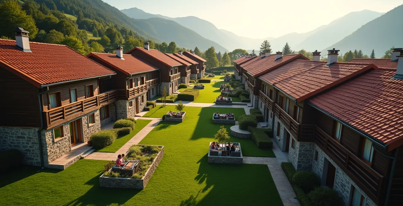 Vue aérienne d'un petit immeuble résidentiel suisse de 4 appartements avec jardin commun