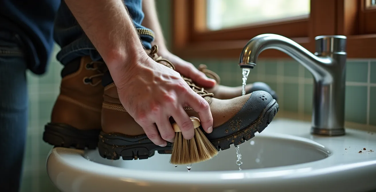 Semelles de chaussures de randonnée en cours de nettoyage minutieux avec brosse