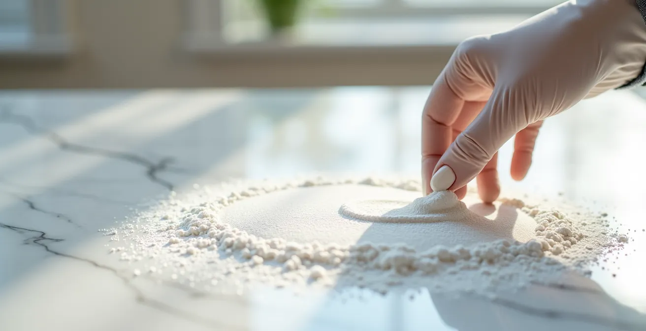 Gros plan sur une main appliquant de la terre de Sommières sur une surface en marbre veiné