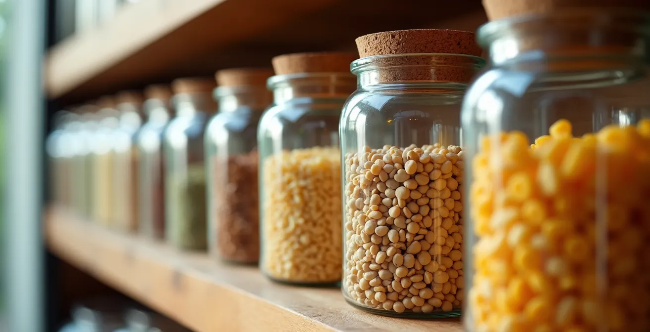 Gros plan sur des bocaux en verre étiquetés et organisés dans une cuisine suisse moderne