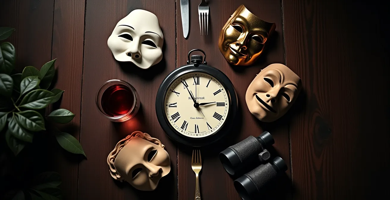 Composition artistique avec horloge suisse entourée d'éléments de soirée culturelle