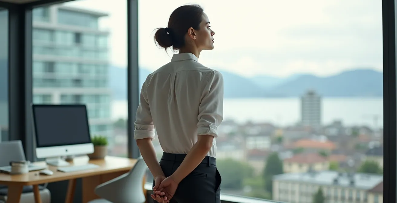 Employé pratiquant des étirements discrets près d'une fenêtre avec vue sur le lac Léman