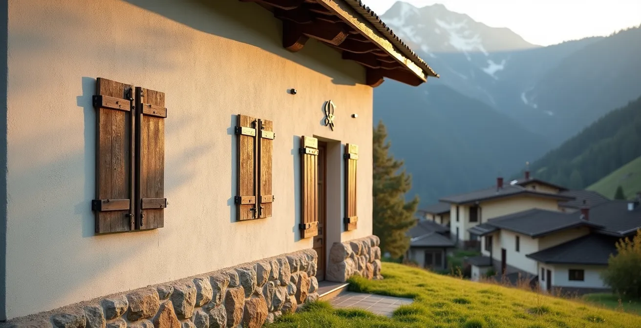 Façade suisse traditionnelle avec enduit à la chaux et peinture aux silicates dans environnement alpin