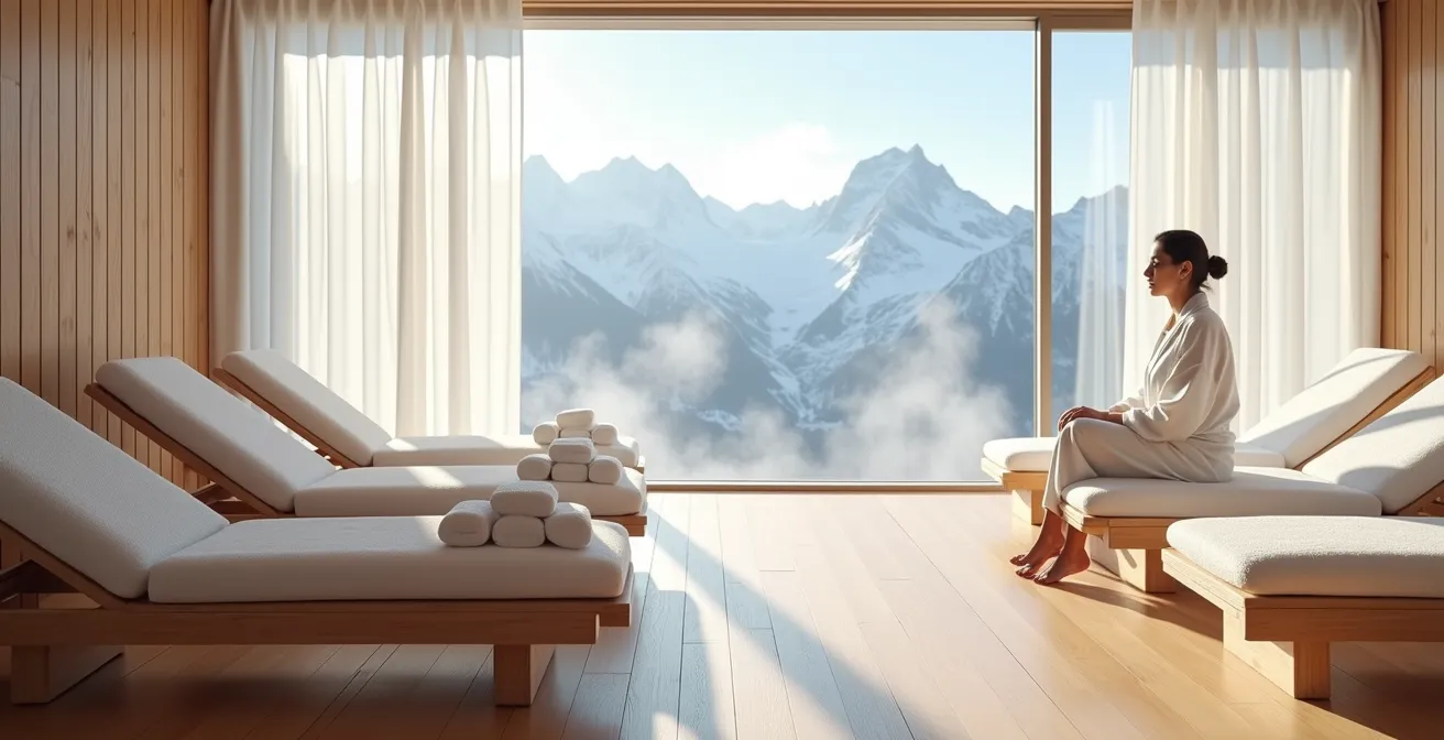 Espace de repos thermal avec transats ergonomiques dans une atmosphère apaisante de spa alpin