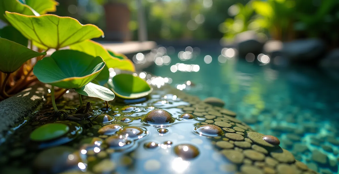 Piscine naturelle filtrée par des plantes aquatiques dans un resort éco-responsable balinais