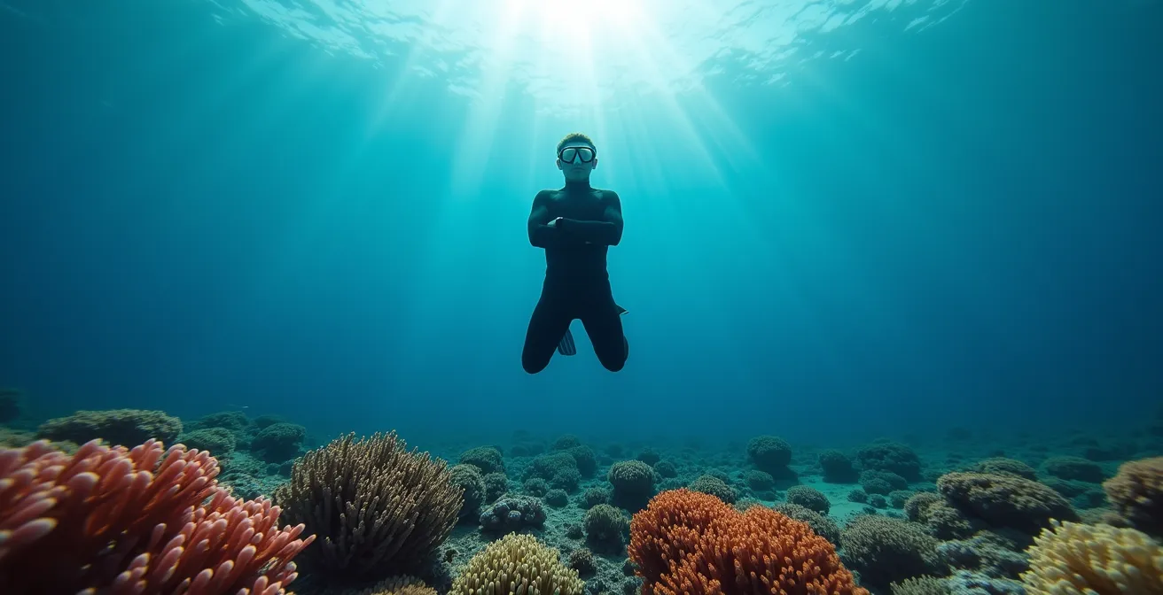 Plongeur en flottabilité parfaite au-dessus d'un récif corallien intact