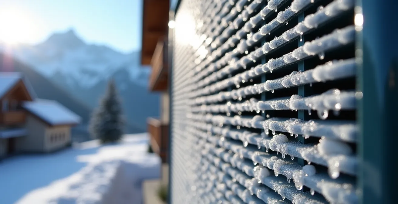 Pompe à chaleur moderne intégrée dans un chalet de montagne suisse en hiver