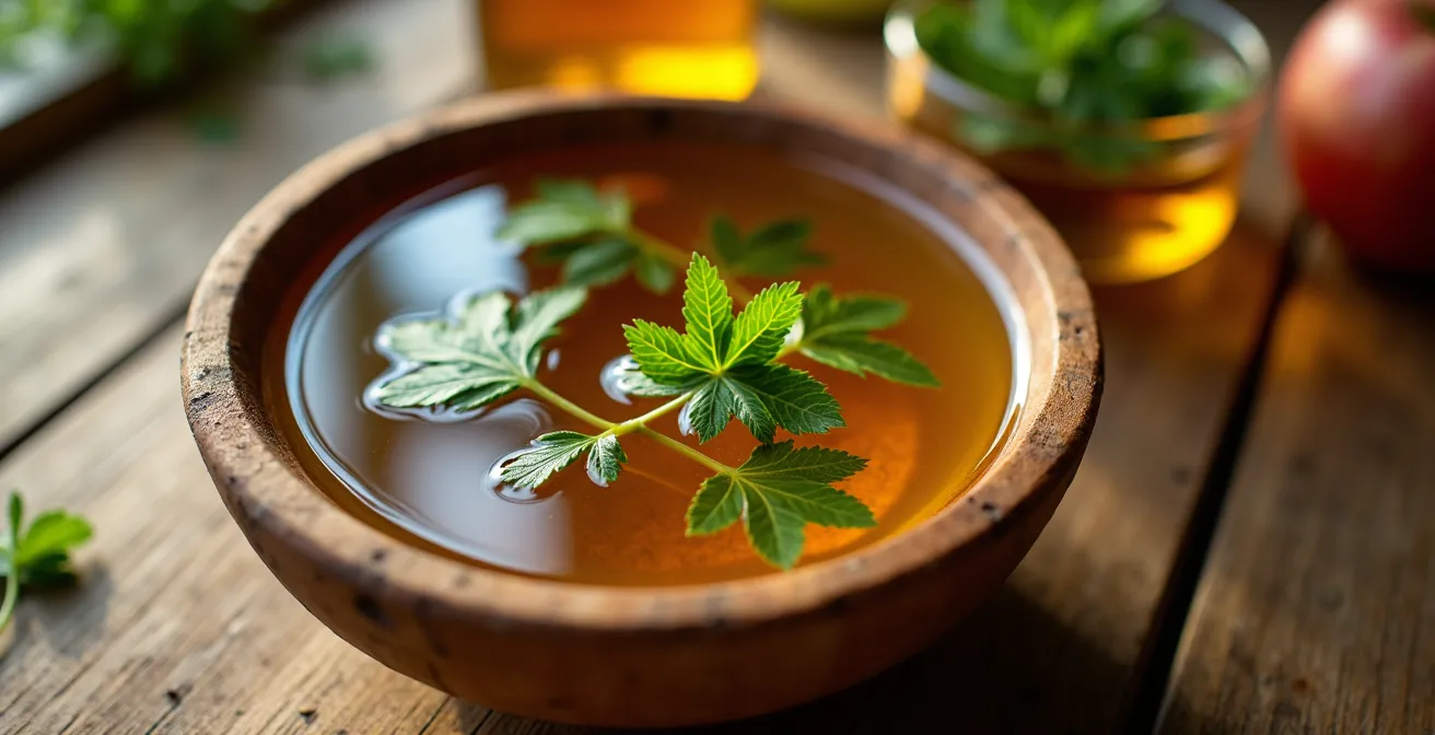 Mélange de vinaigre de cidre avec plantes alpines suisses dans un bol en bois