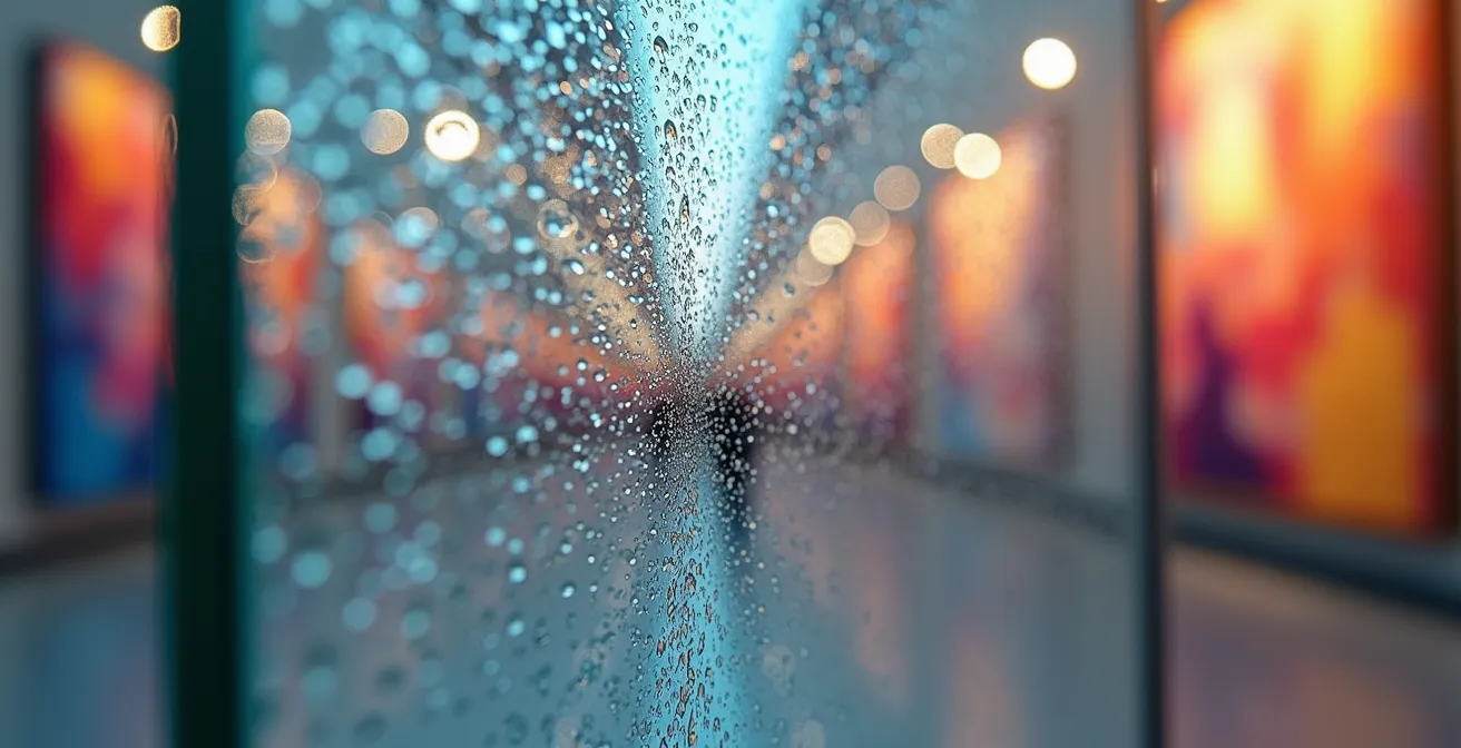 Détail macro d'une surface de verre anti-UV protégeant une œuvre d'art