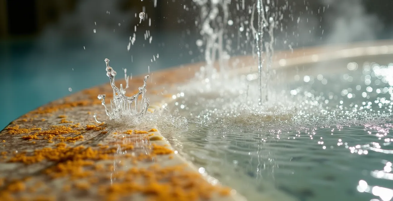 Gros plan sur des jets d'eau thermale filiformes créant des motifs thérapeutiques sur une surface minérale