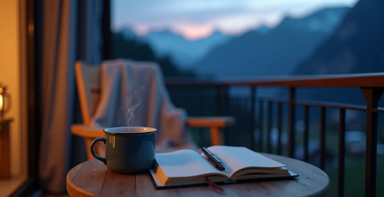 Vue nocturne d'un balcon suisse avec tasse de tisane et carnet, montagnes en arrière-plan